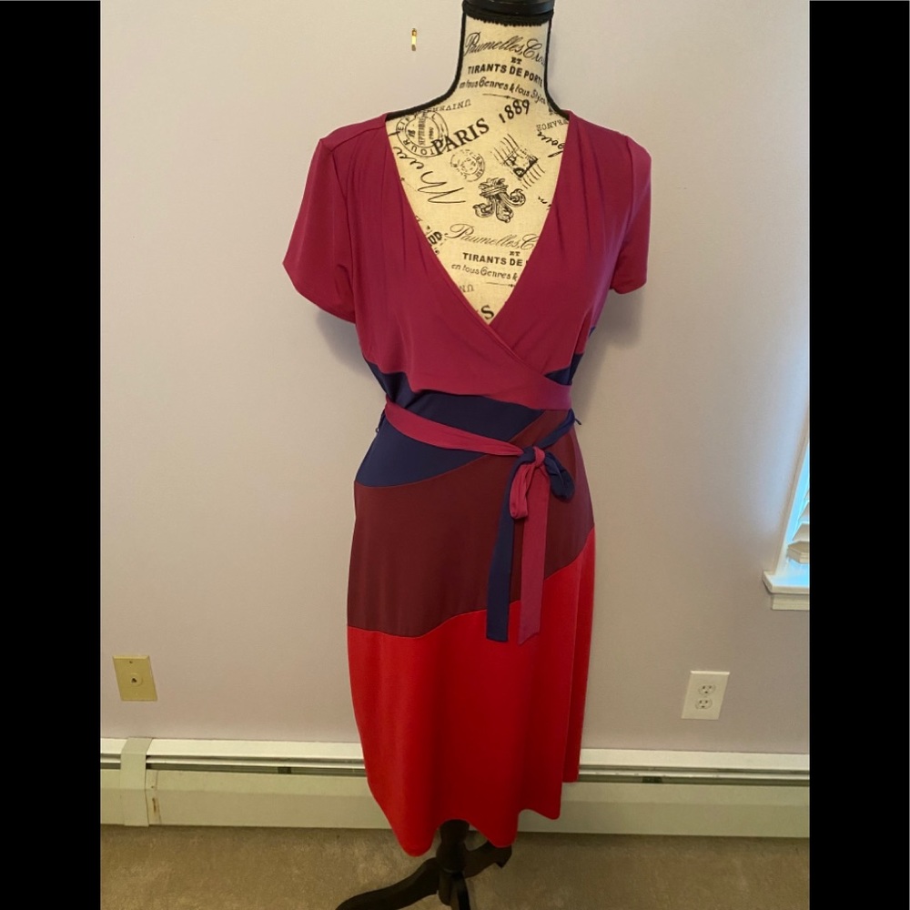 BCBG wrap dress in shades of pinks with blue